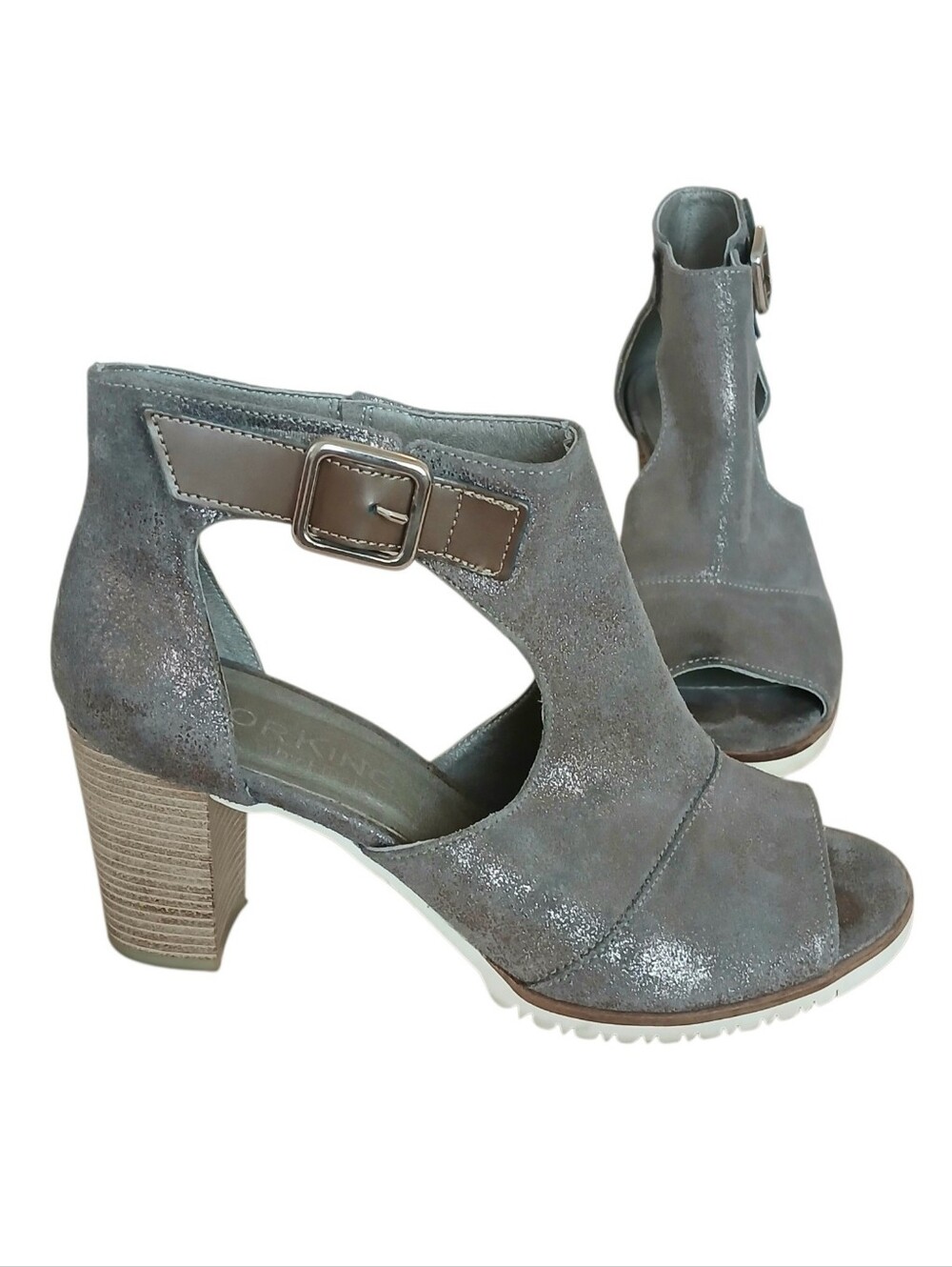 DORKING Metallic Leather Chunky Wood Block Heels Women's 8 Gray Coutout Peep Toe